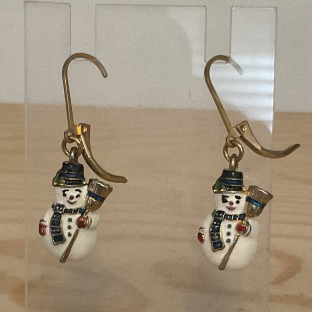 Vintage Snowman Dangle Drop Earrings With Gold Lever Hooks